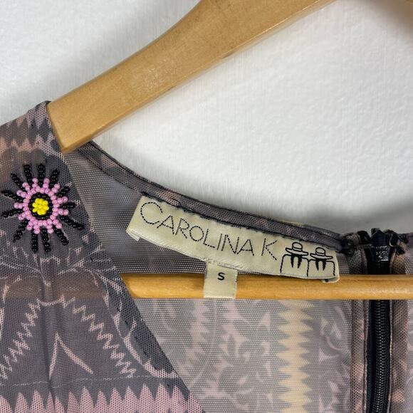 Carolina K Black Printed Sheer Bodice Beaded Silk Aztec Floral Maxi Dress Small - Picture 4 of 16